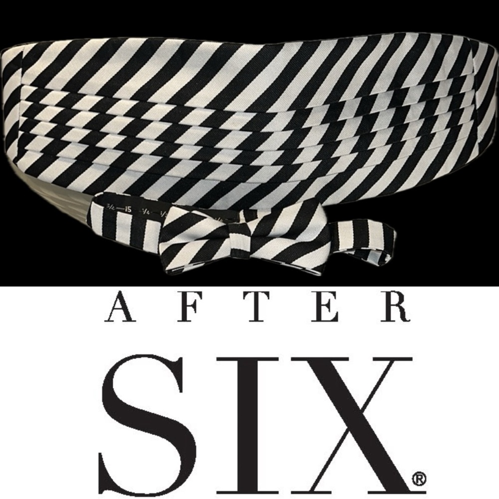 🤵‍♂️Combo Cummerbund & Bow Tie | Black & White Diagonally Striped | Adjustable